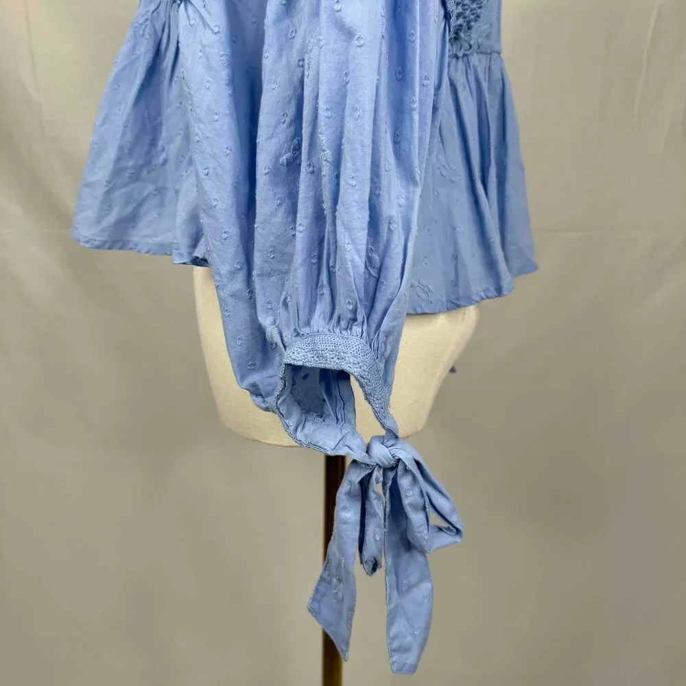 Free People Drive You Mad Blouse Blue Crochet Puff Sleeve Southern Bell Western